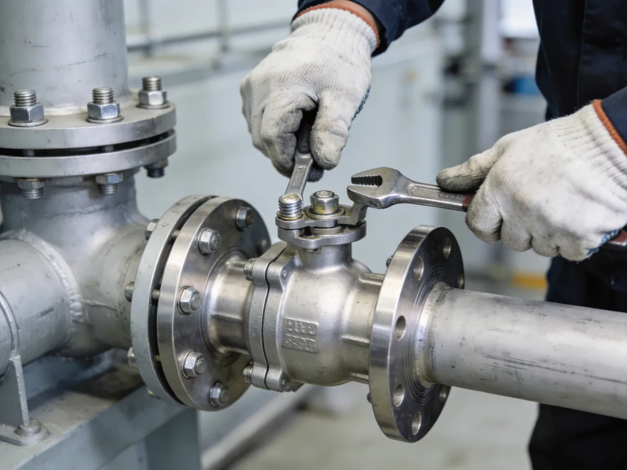 Technician installing a flanged ball valve onto an industrial pipeline