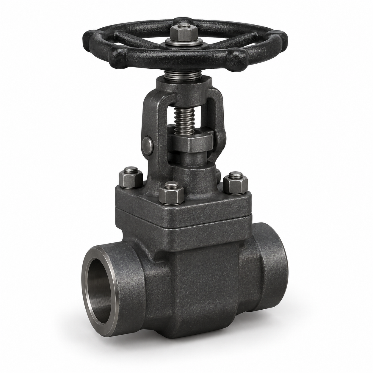 AI-generated illustration of a generic compact gate valve with socket-style ends and manual handwheel; not a specific Pioneer product