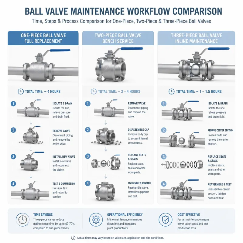 Maintenance workflow comparison — one-piece full replacement vs two-piece bench service vs three-piece inline repair